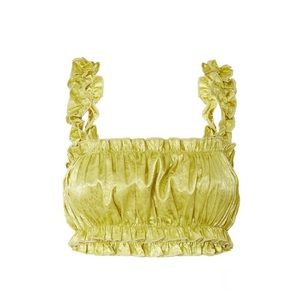 PRETTY LITTLE THING CHARTREUSE SATIN FLORAL PRINT FRILL HEM CROP TOP